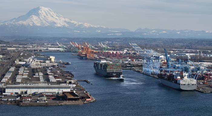 Aerial of the Blair Waterway with ships.