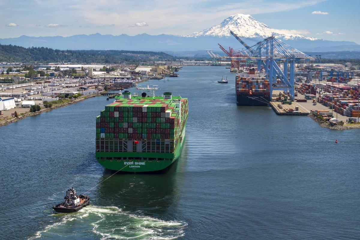A ship moving through the Blair Waterway,